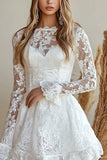 White A Line Short Lace Graduation Dress with Long Sleeves