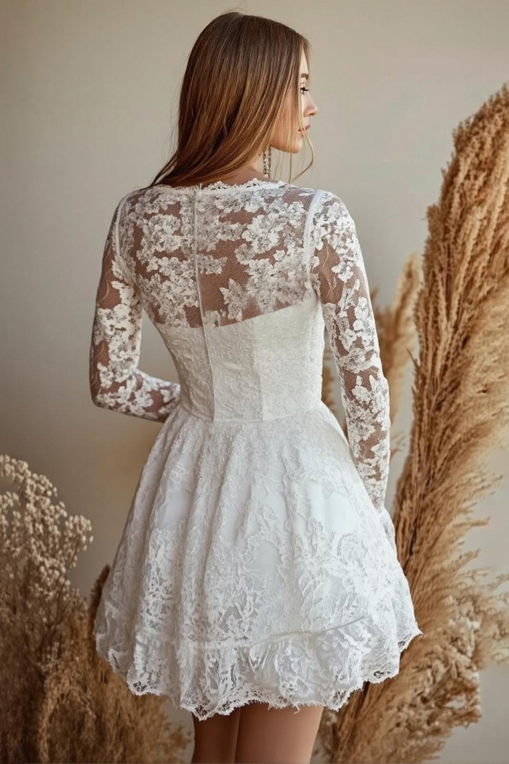 White A Line Short Lace Graduation Dress with Long Sleeves