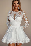 White Boat Neck Lace A Line Long Sleeves Short Graduation Dress
