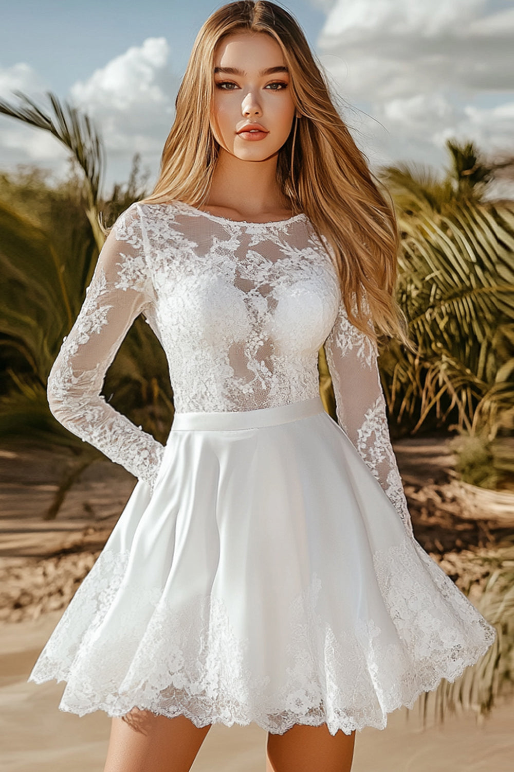 White Appliques Lace Boat Neck A Line Graduation Dress with Long Sleeves