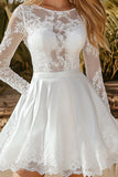 White Appliques Lace Boat Neck A Line Graduation Dress with Long Sleeves