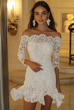 White Off the Shoulder Lace A Line Long Sleeves Graduation Dress