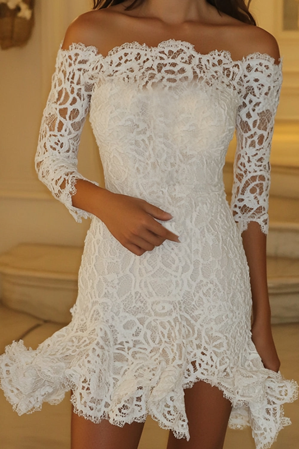 White Off the Shoulder Lace A Line Long Sleeves Graduation Dress