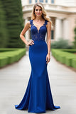 Royal Blue Appliqued Mermaid V-Neck Mother Of Bride Dress