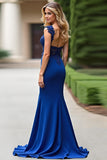Royal Blue Appliqued Mermaid V-Neck Mother Of Bride Dress