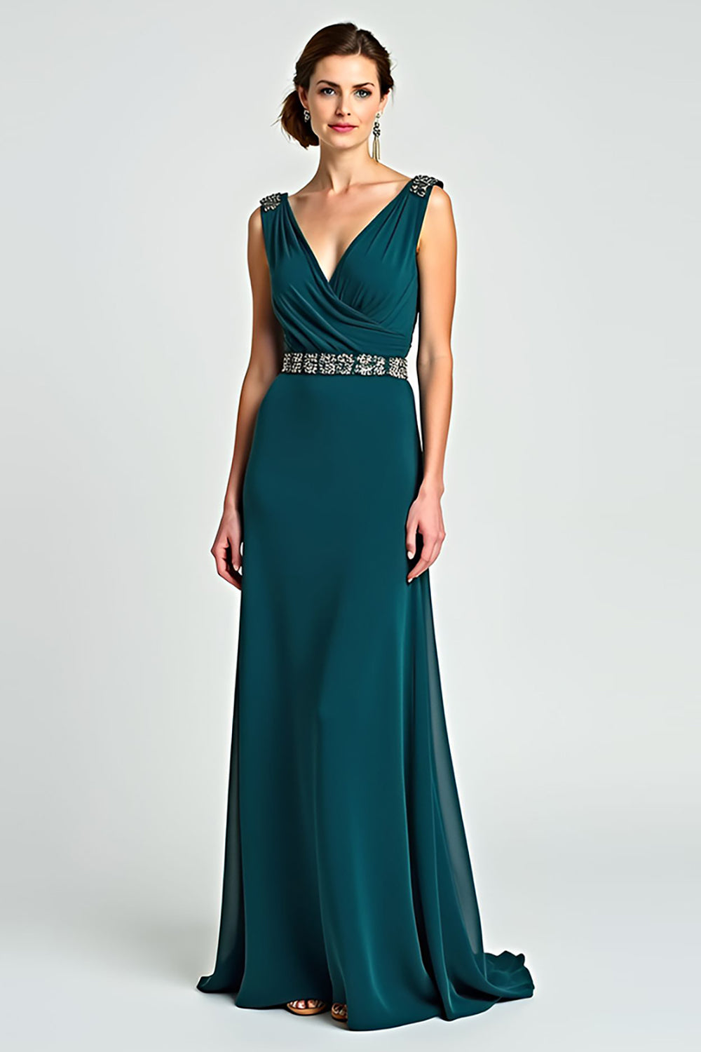 Peacock Sheath Wrap V Neck Chiffon Long Mother of the Bride Dress with Beading