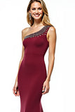 One Shoulder Beaded Burgundy Mermaid Mother of the Bride Dress