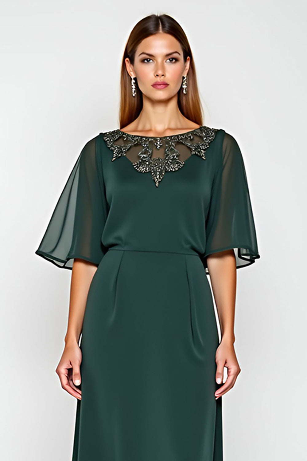 Pine Sheath Half Sleeves Chiffon Mother of the Bride Dress with Appliques