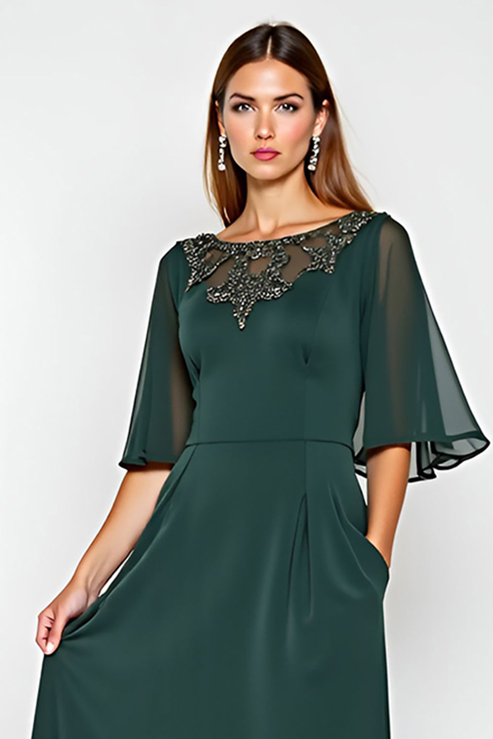 Pine Sheath Half Sleeves Chiffon Mother of the Bride Dress with Appliques