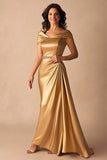Gold Off The Shoulder Satin Sheath Long Mother Of Bride Dress