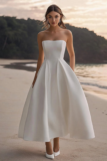 White Satin A Line Strapless Wedding Dress