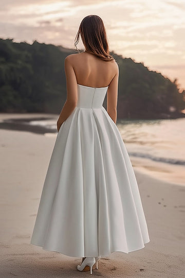 White Satin A Line Strapless Wedding Dress