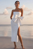 White Strapless Sheath Bow Tea Length Graduation Dress With Slit