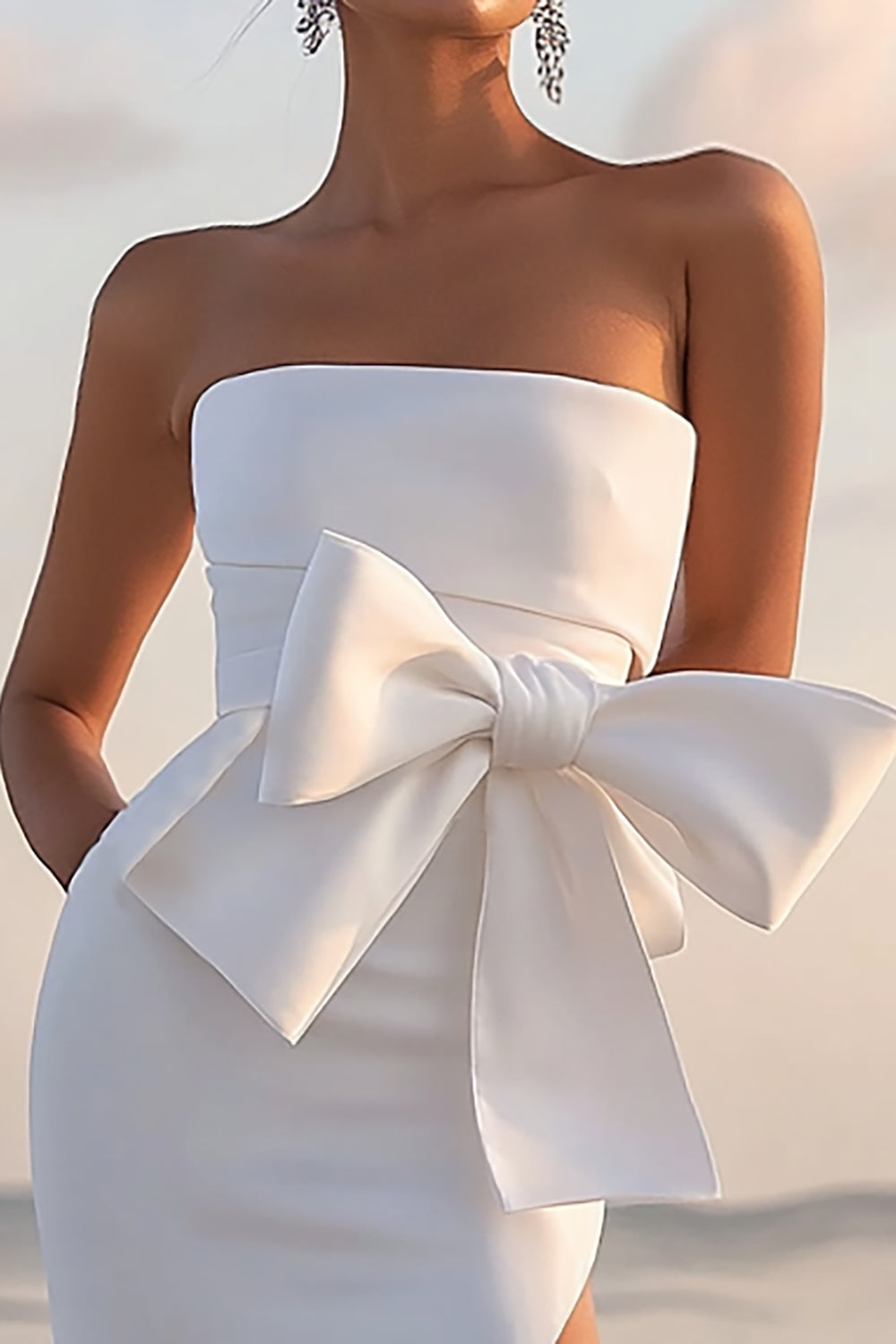 White Strapless Sheath Bow Tea Length Graduation Dress With Slit