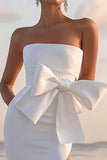 White Strapless Sheath Bow Tea Length Graduation Dress With Slit