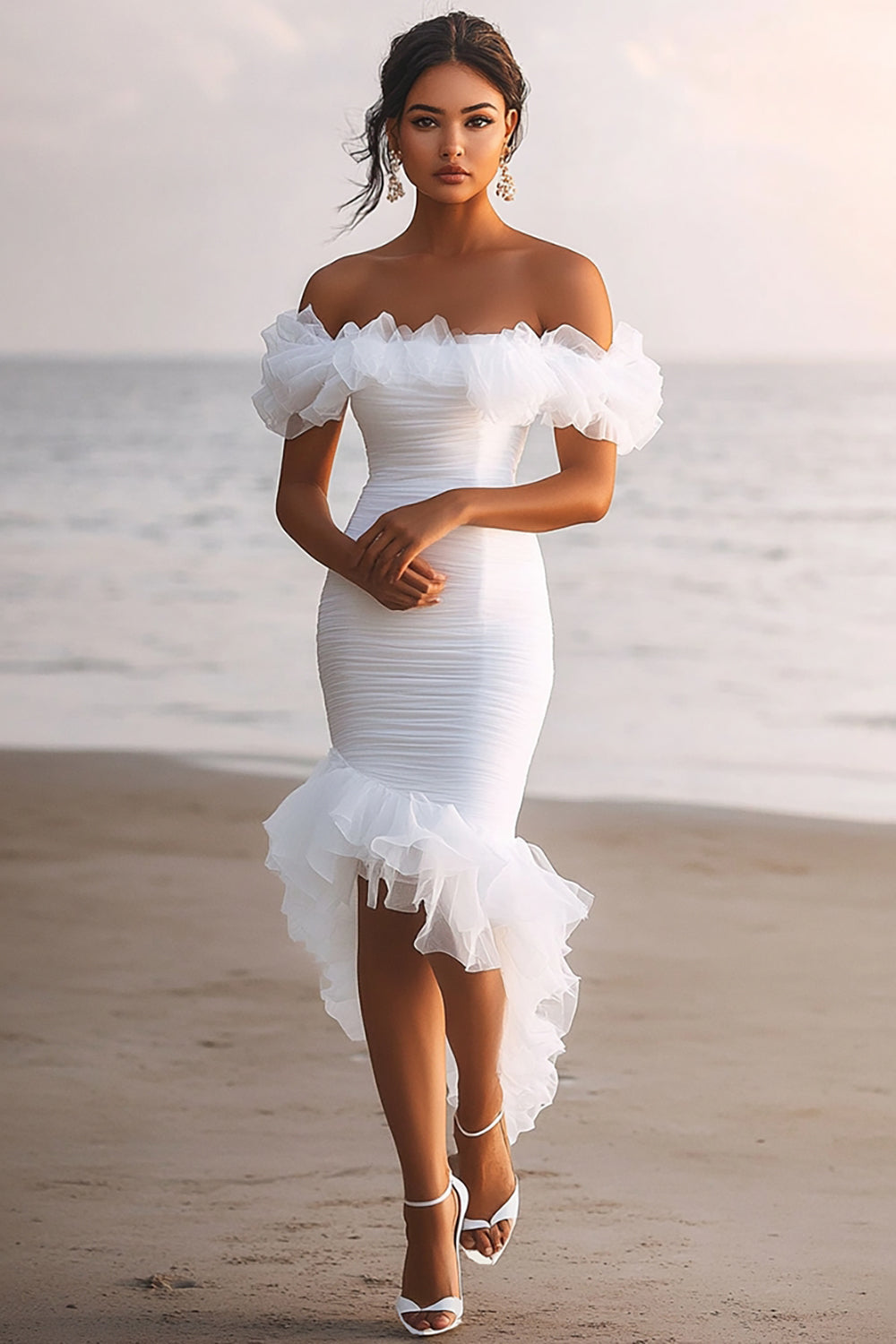 White Off The Shoulder Asymmetrical Ruffled Bridal Shower Dress