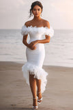 White Off The Shoulder Asymmetrical Ruffled Bridal Shower Dress