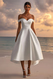 Satin Off The Shoulder Tea Length White Graduation Dress