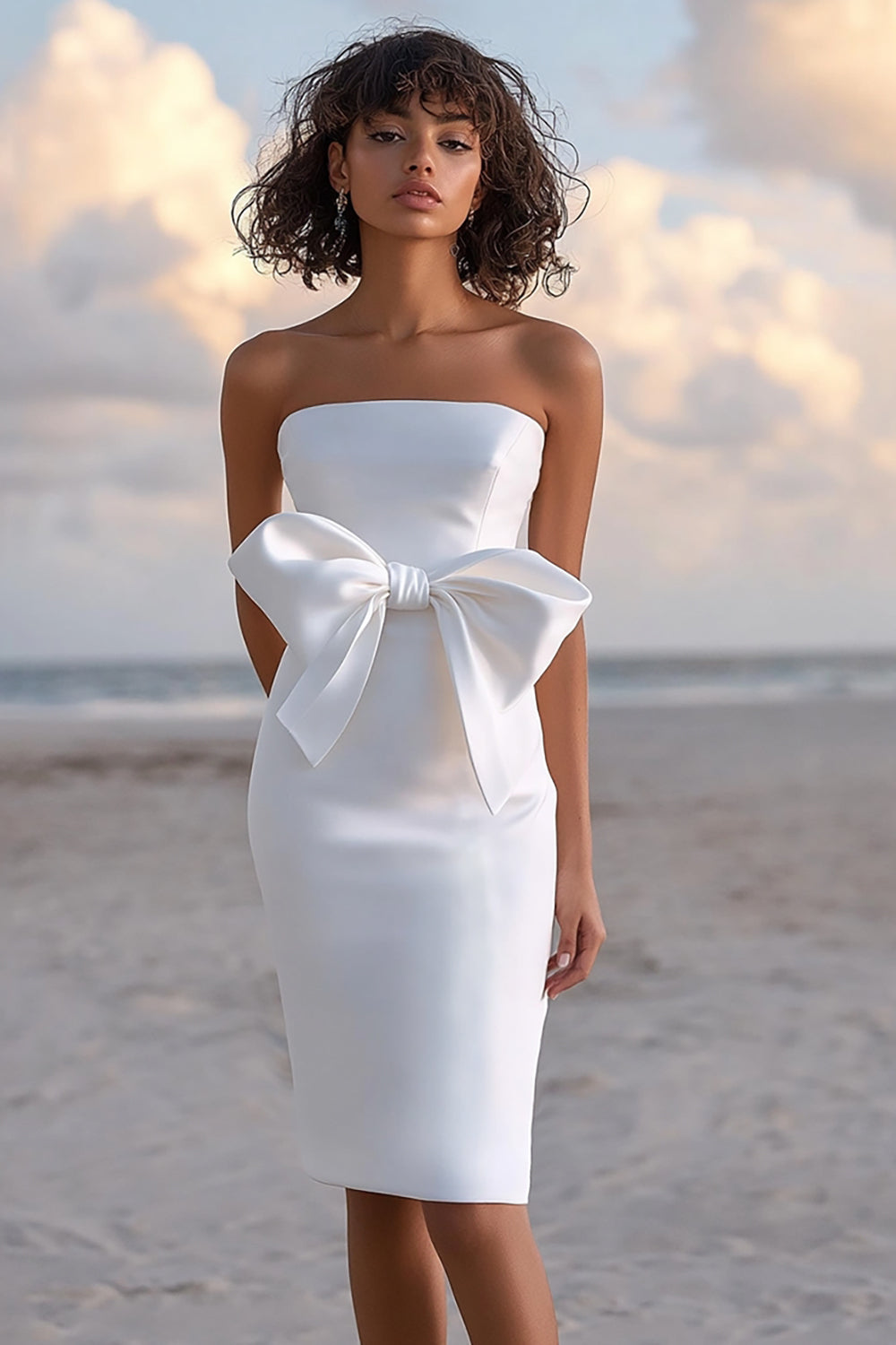 Strapless Sheath Satin White Graduation Dress With Bow