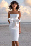 Strapless Sheath Satin White Graduation Dress With Bow