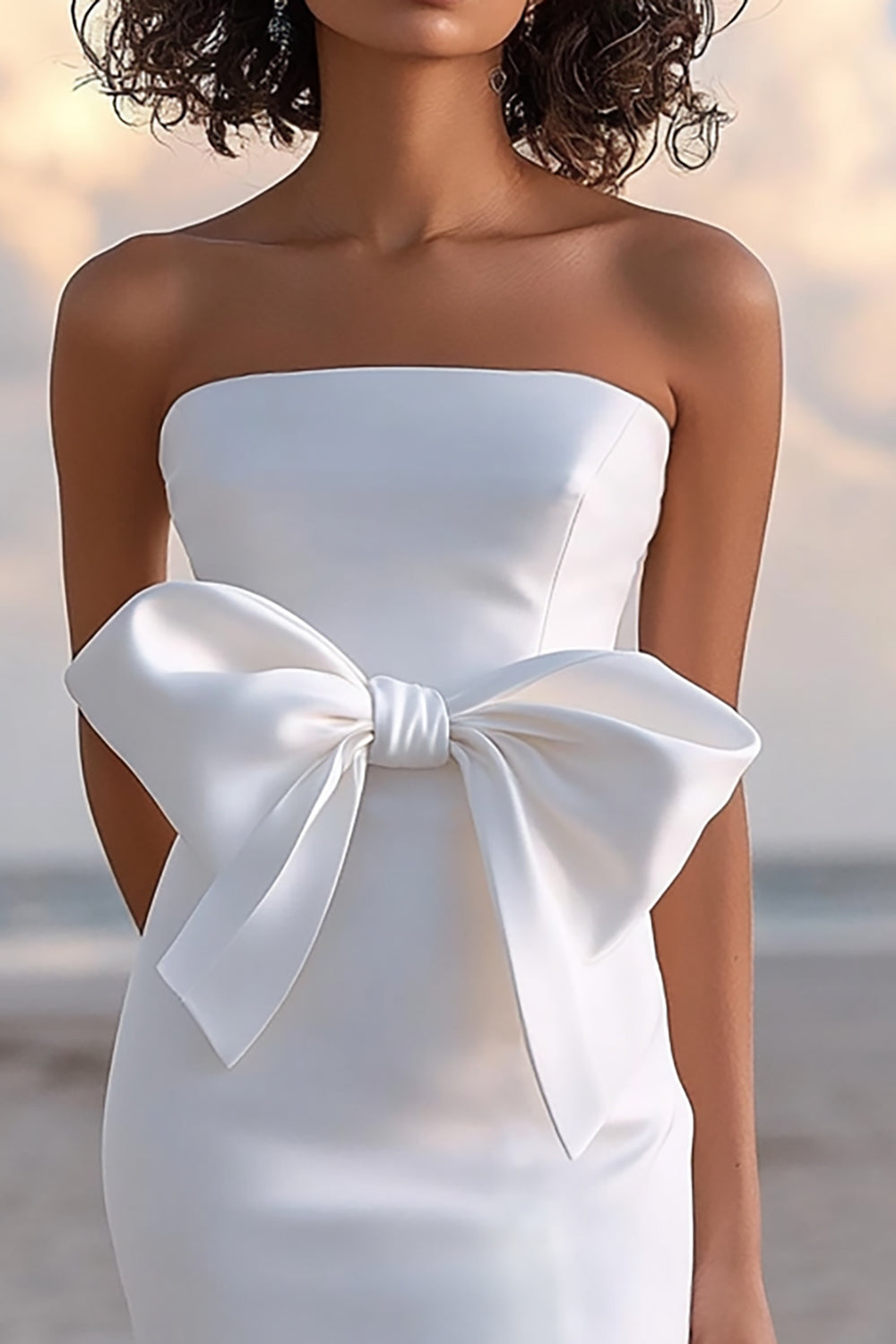 Strapless Sheath Satin White Graduation Dress With Bow
