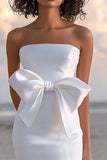 Strapless Sheath Satin White Graduation Dress With Bow