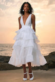 A Line Tiered V-Neck White Beach Dress