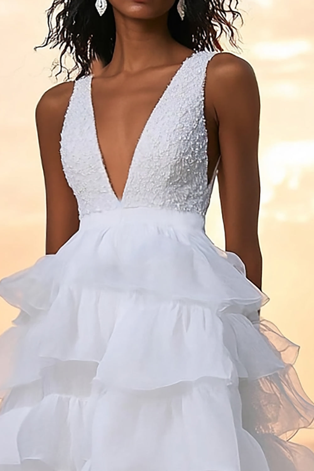 A Line Tiered V-Neck White Beach Dress
