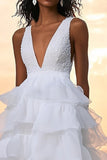 A Line Tiered V-Neck White Beach Dress