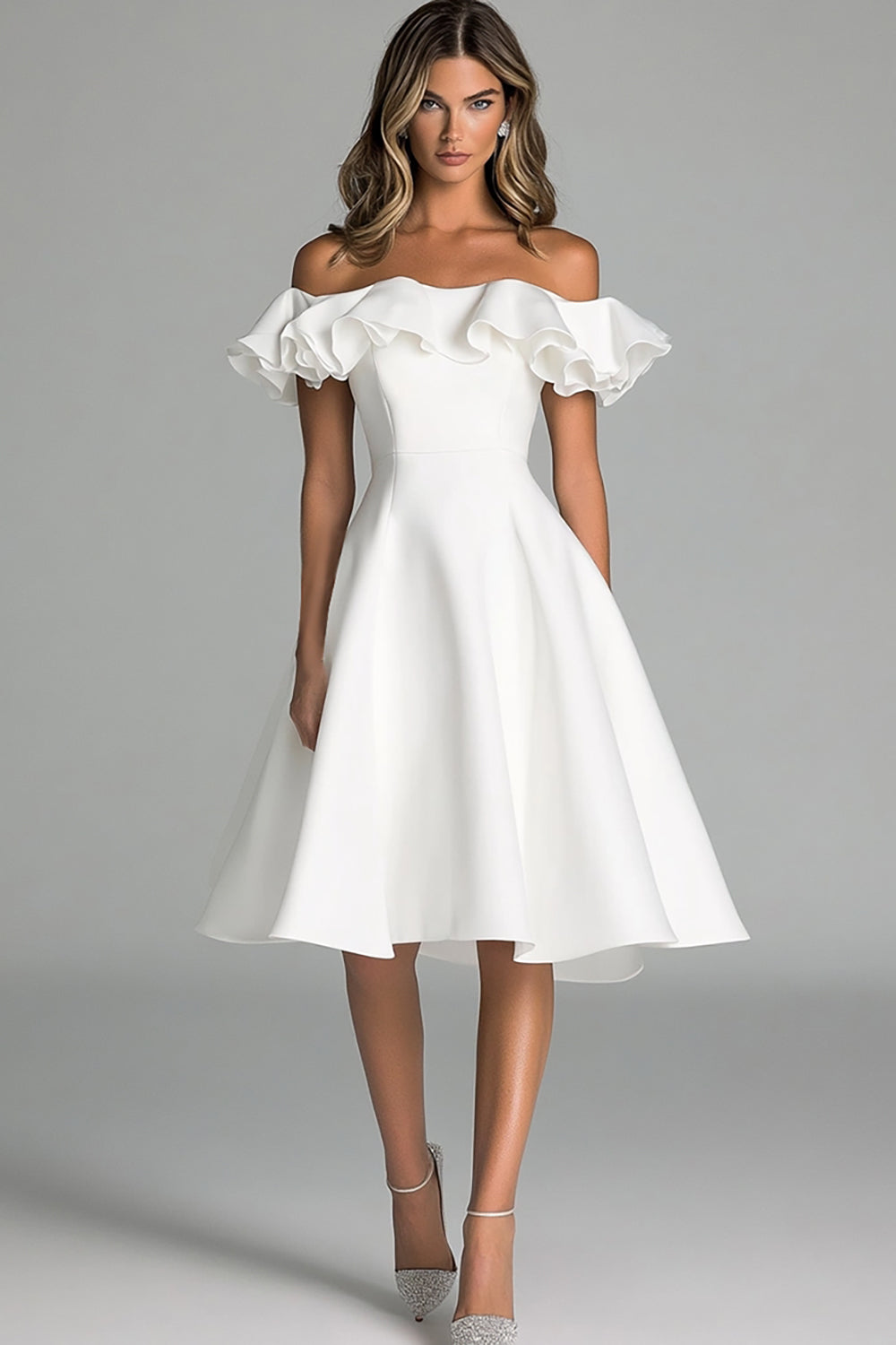 White Off The Shoulder A Line Wedding Dress With Ruffles