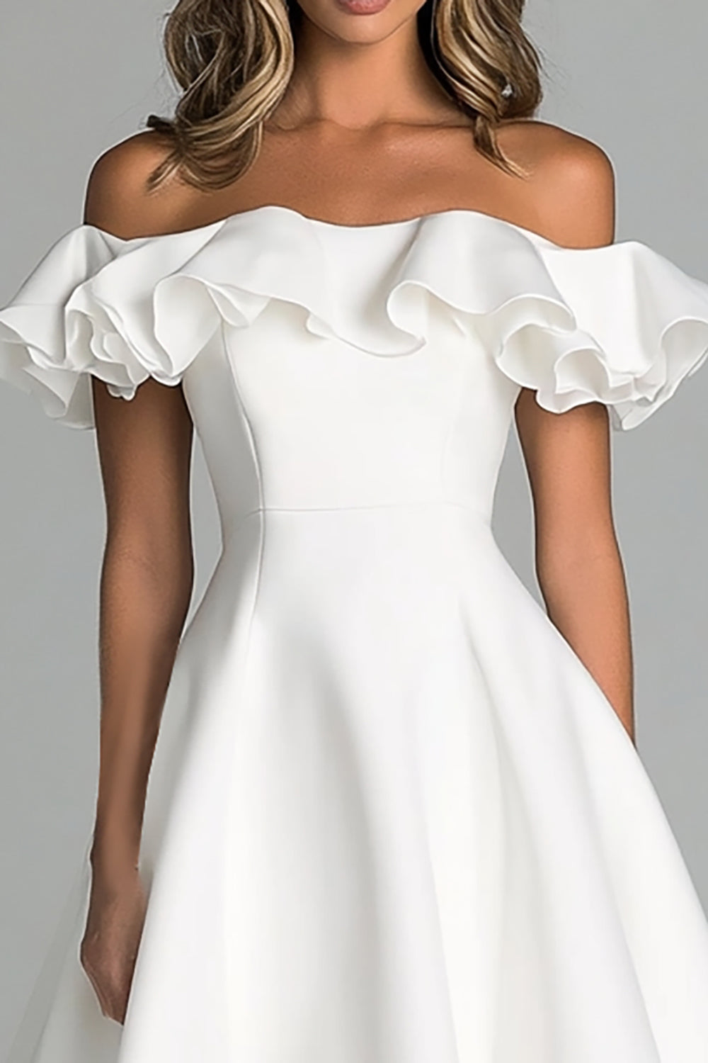 White Off The Shoulder A Line Wedding Dress With Ruffles