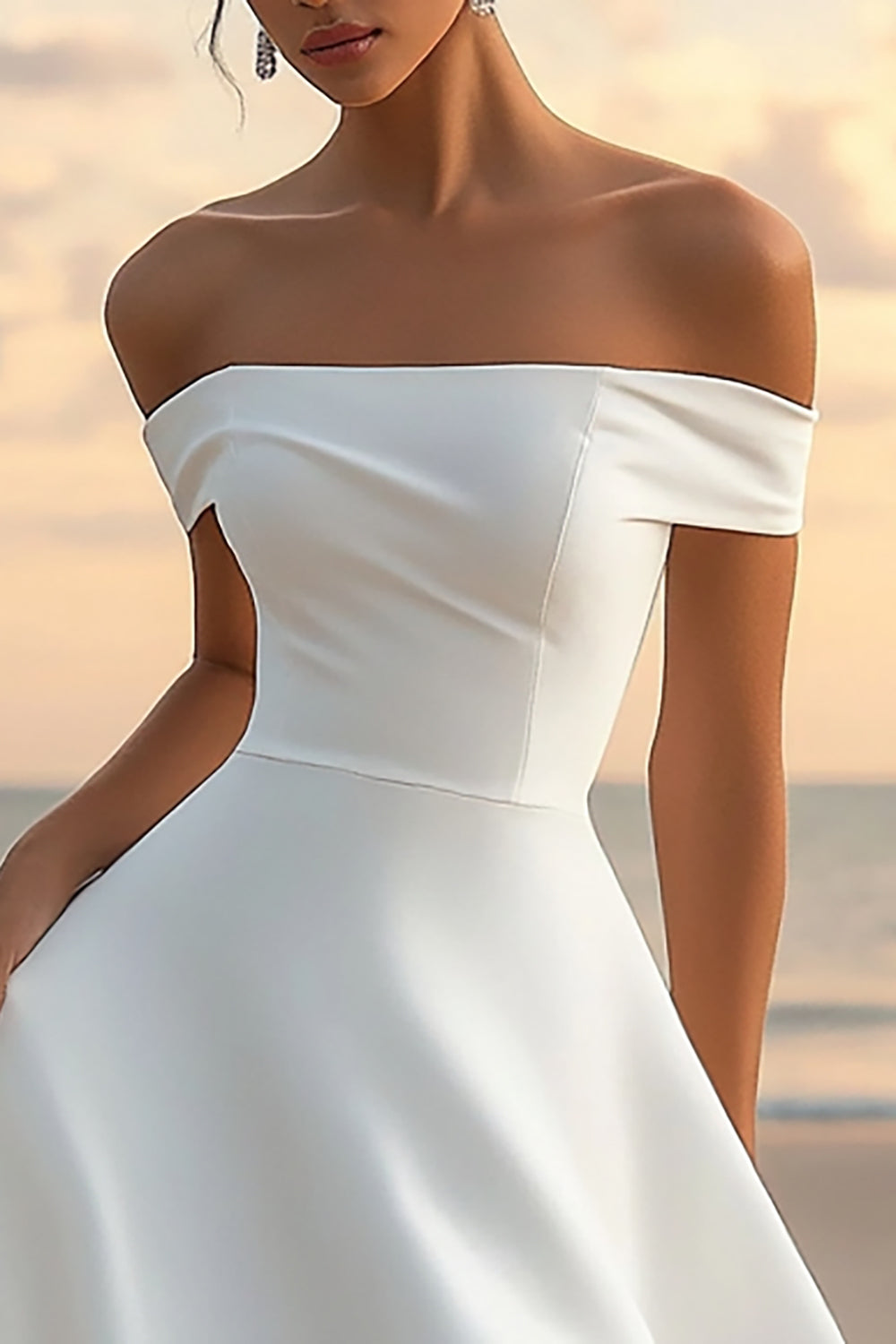 White A Line Off The Shoulder Satin Bridal Shower Dress