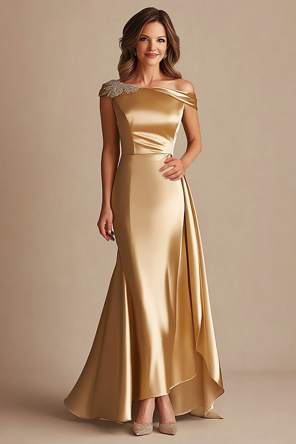 Sheath Gold Off The Shoulder Satin Long Mother Of Bride Dress