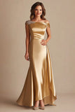 Sheath Gold Off The Shoulder Satin Long Mother Of Bride Dress