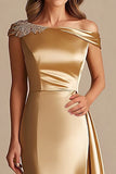 Sheath Gold Off The Shoulder Satin Long Mother Of Bride Dress