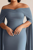 Off The Shoulder Grey Blue Sheath Chiffon Plus Size Mother of the Bride Dress