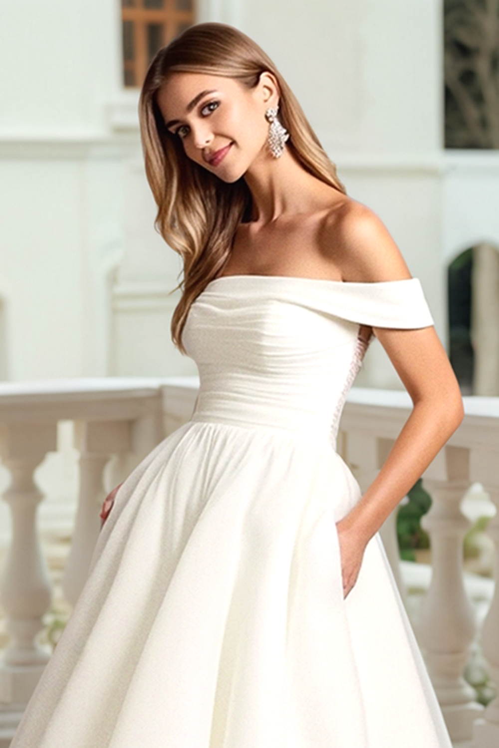 White A Line Ruched Off the Shoulder Wedding Dress