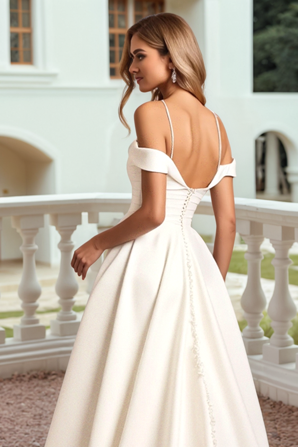 White Cold Shoudler A Line Satin Wedding Dress