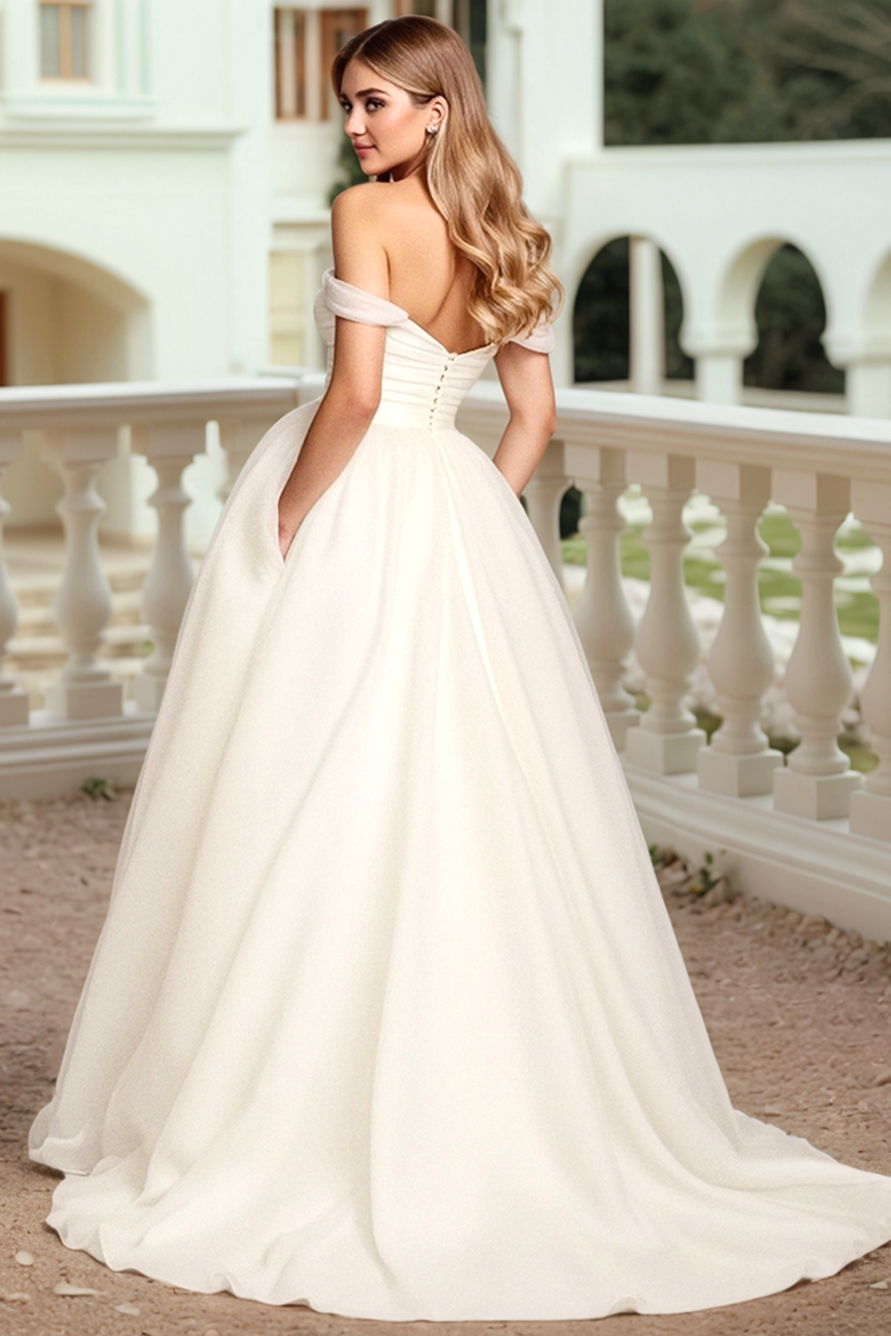 White Off The Shoulder Tulle A Line Wedding Dress