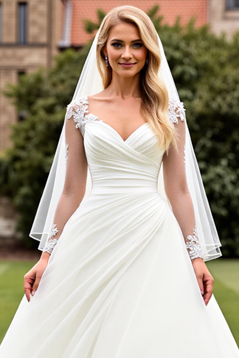 Classic Ivory Ruched A Line Lace Long Sleeve Wedding Dress