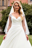 Classic Ivory Ruched A Line Lace Long Sleeve Wedding Dress