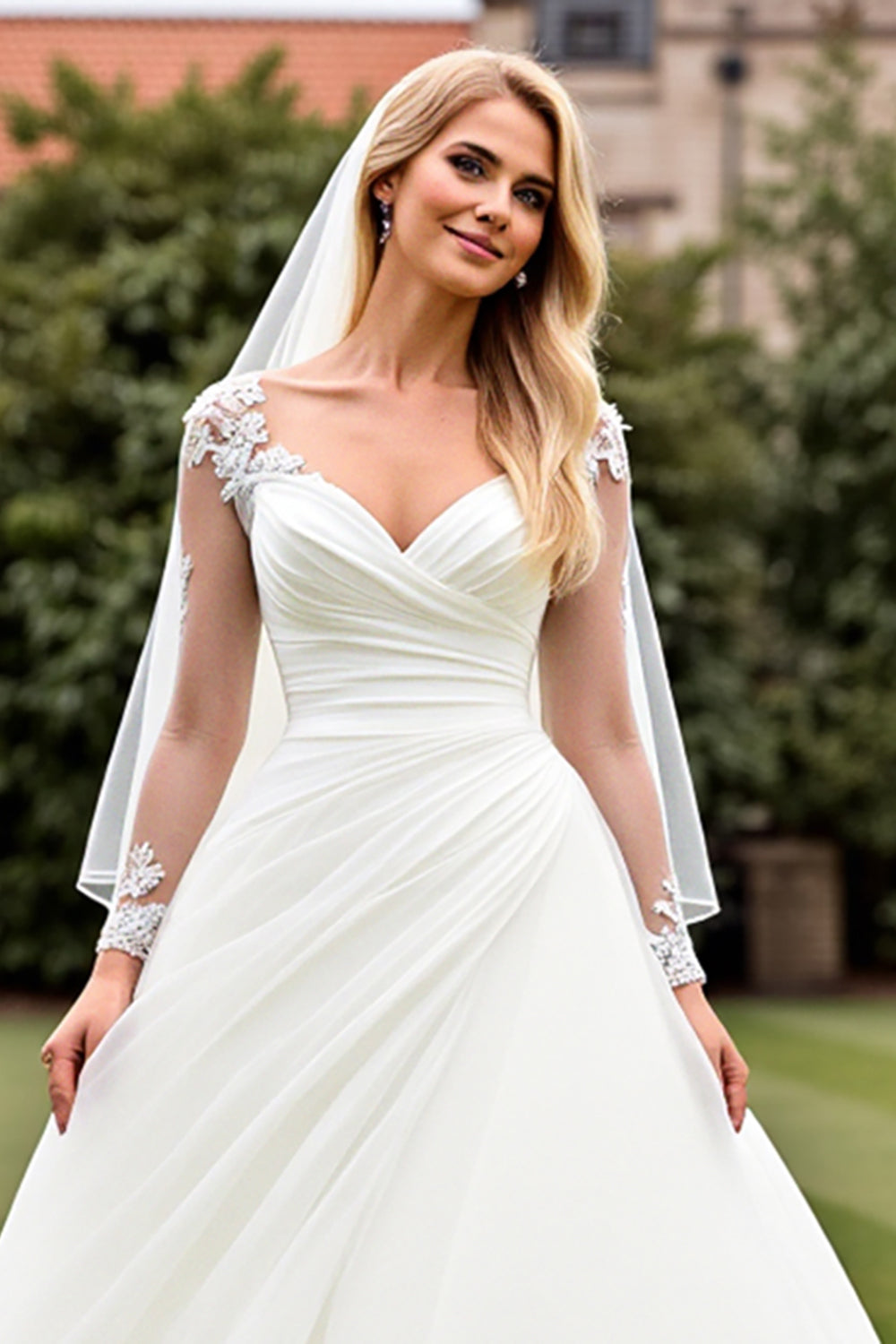 Classic Ivory Ruched A Line Lace Long Sleeve Wedding Dress
