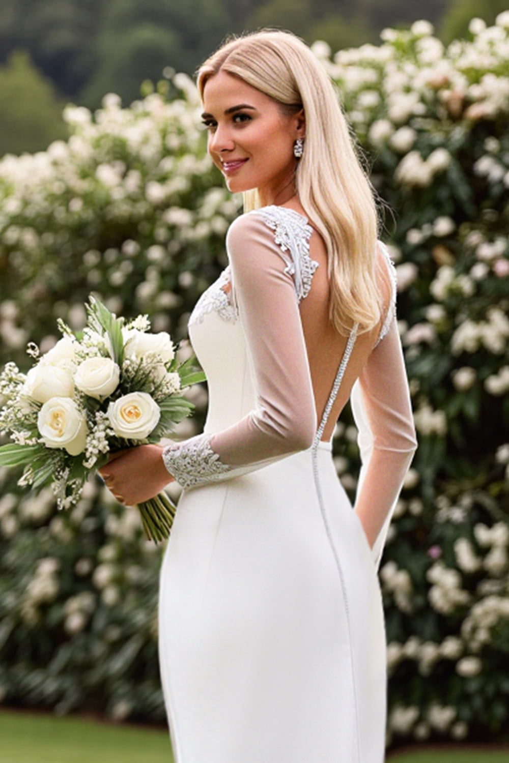 Lace Satin Ivory Mermaid Wedding Dress with Illusion Long Sleeves