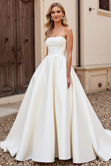 Strapless A Line Ivory Satin Ruched Wedding Dress