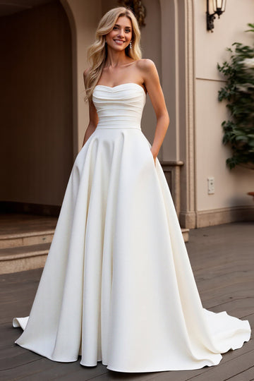 Strapless A Line Ivory Satin Ruched Wedding Dress