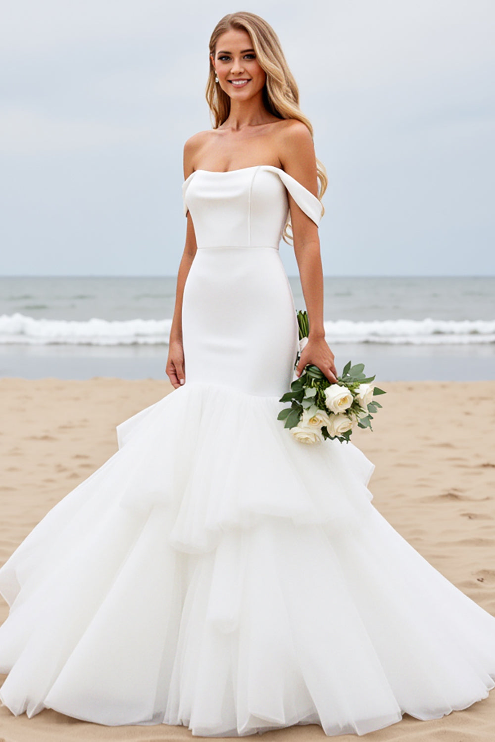 Off the Shoulder Mermaid Ivory Satin Tulle Wedding Dress