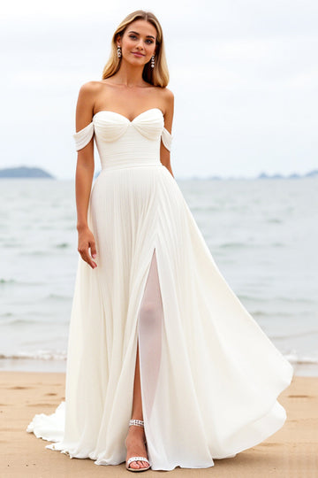Ivory A Line Off the Shoulder Wedding Dress with Slit