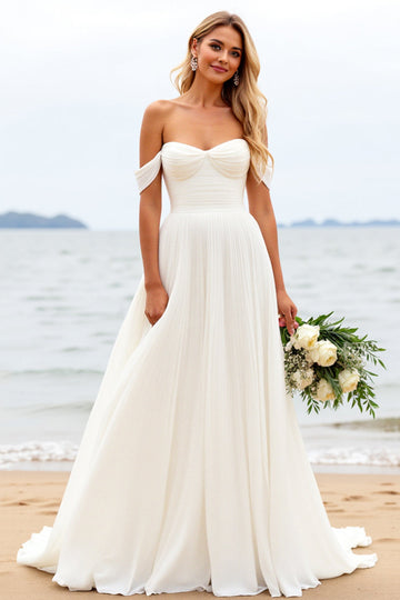 Ivory A Line Off the Shoulder Wedding Dress with Slit