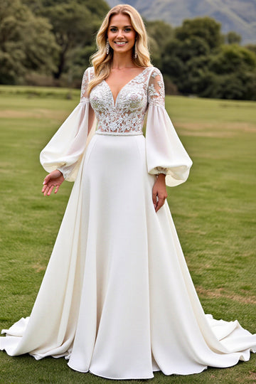 Long Sleeves A Line Ivory Wedding Dress with Appliqueds