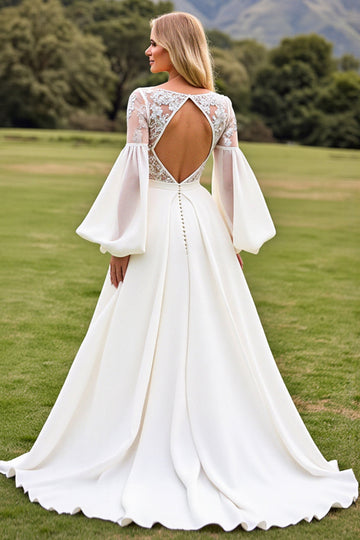 Long Sleeves A Line Ivory Wedding Dress with Appliqueds